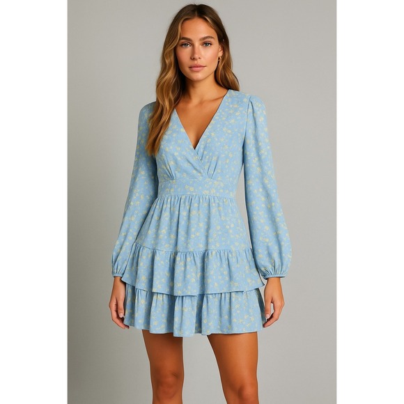 Japna Dresses & Skirts - Japna Dress Womens S Blue Tiered Floral Boho Coastal Milkmaid Cottagecore Dainty